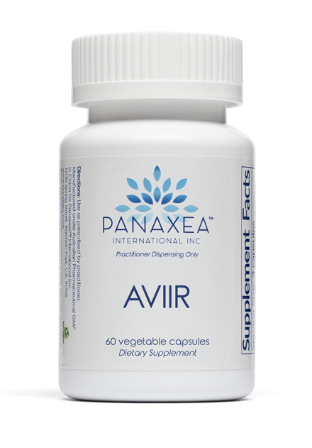 A bottle of AVIIR herbal formulation by Panaxea with 60 vegetable capsules for dietary supplement.